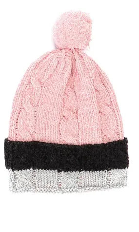 45956 Girls Tri-Tone Knitted Pom Beanie - Pink, Grey & Black