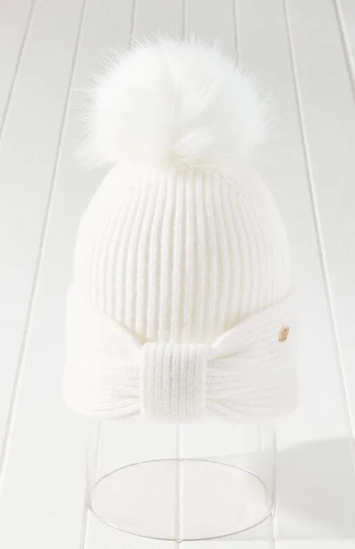 Barossa Bow Beanie Hat Vegan Fur Pom