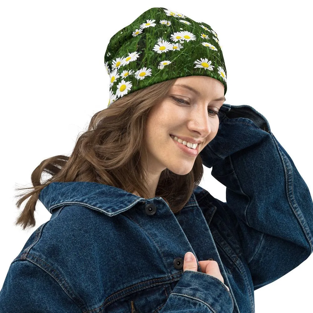 Beanie With White Flowers / Print Of Daisies / Double Layered