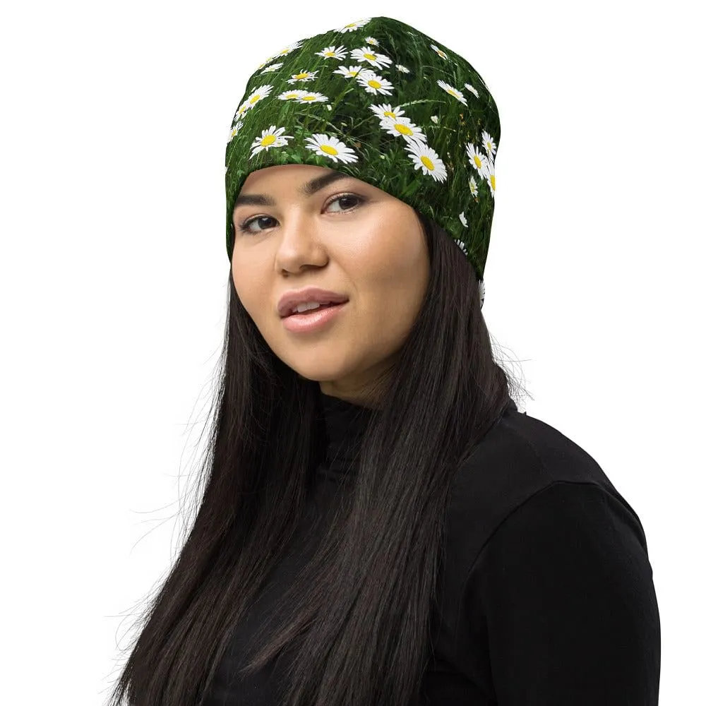 Beanie With White Flowers / Print Of Daisies / Double Layered