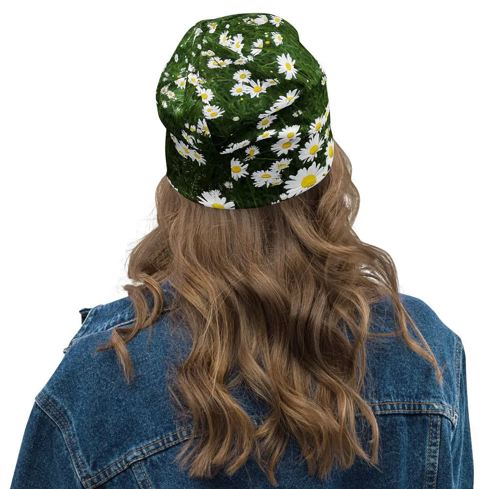 Beanie With White Flowers / Print Of Daisies / Double Layered