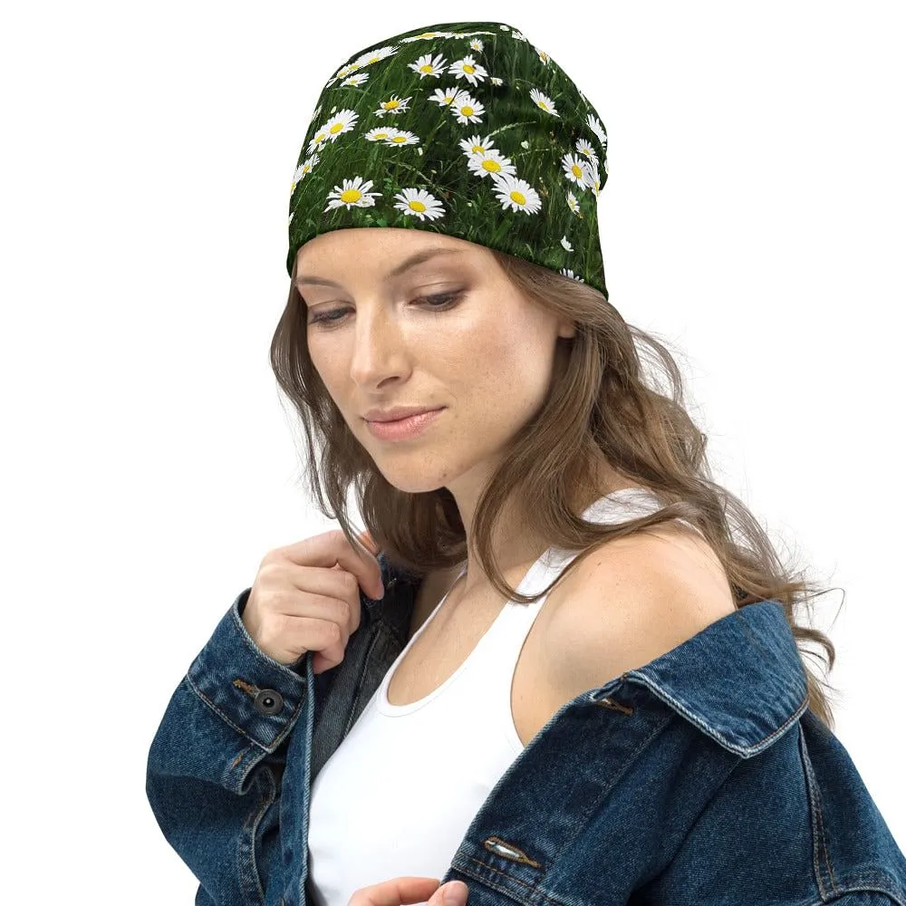 Beanie With White Flowers / Print Of Daisies / Double Layered