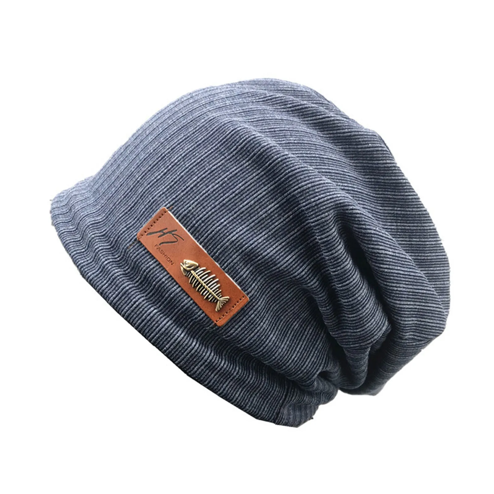 CASUAL FISHBONE LEATHER LABEL KNITTED BEANIE HAT