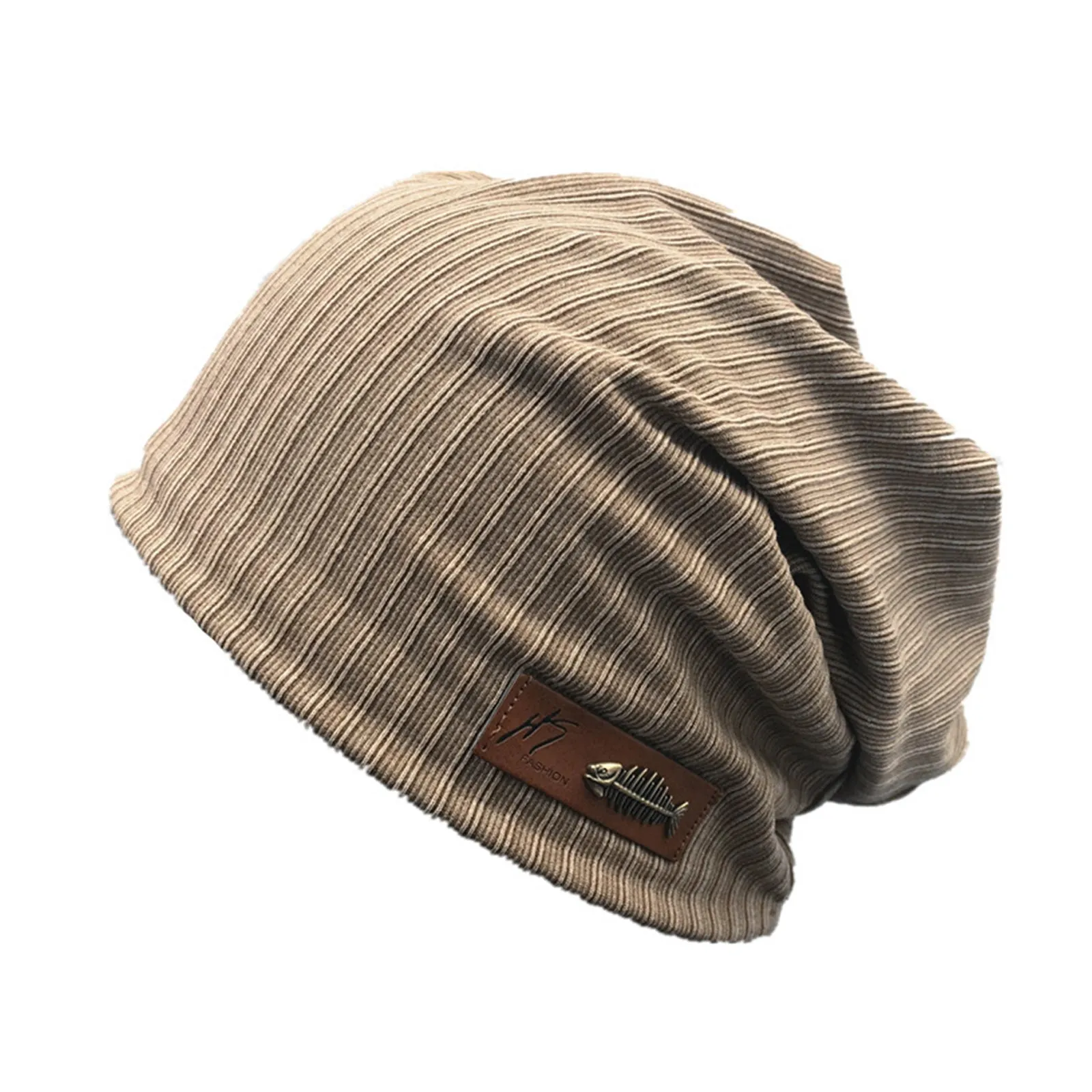 CASUAL FISHBONE LEATHER LABEL KNITTED BEANIE HAT