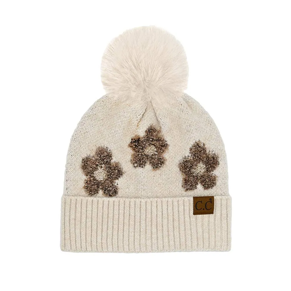 C.C Daisy Pattern Beanie with Pom