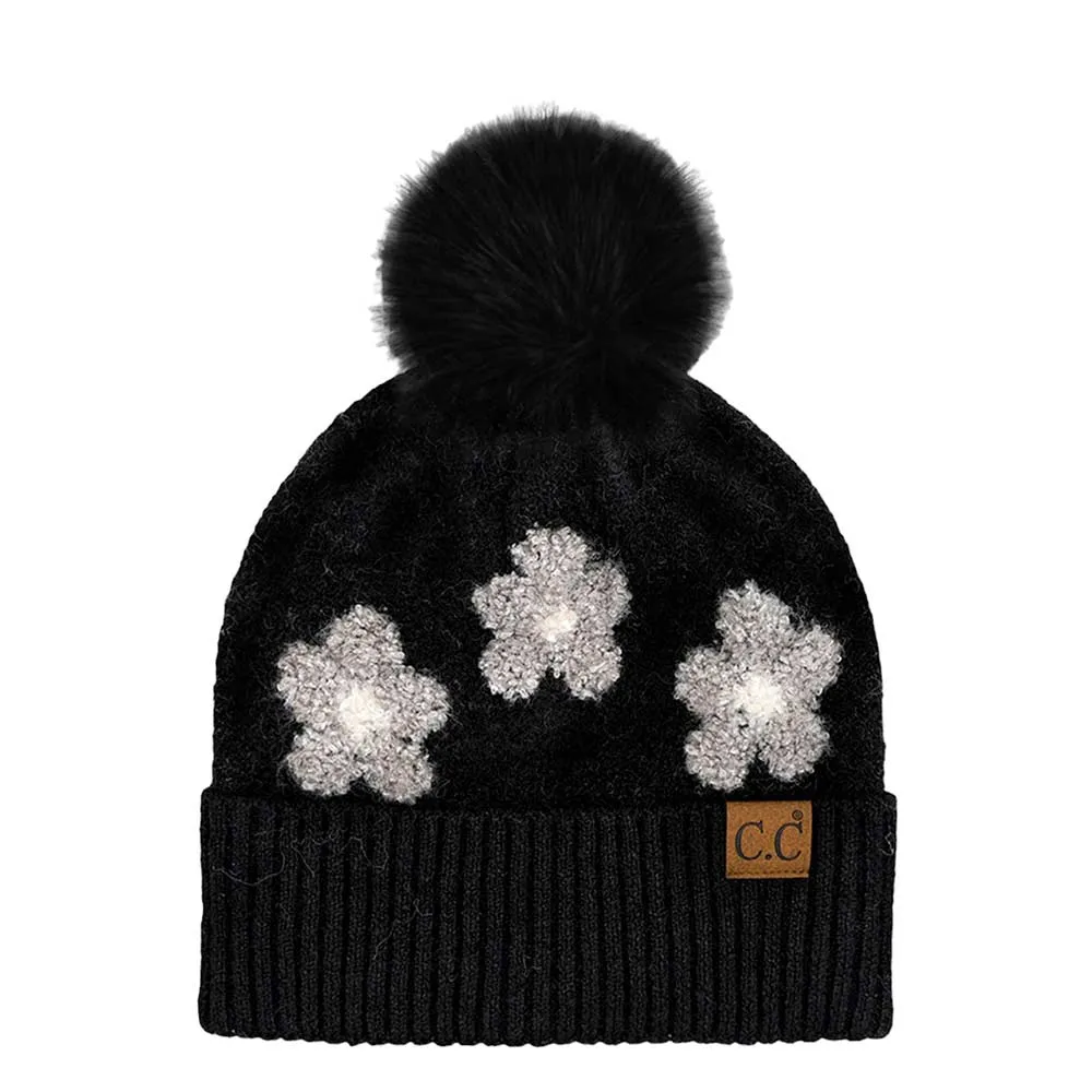 C.C Daisy Pattern Beanie with Pom