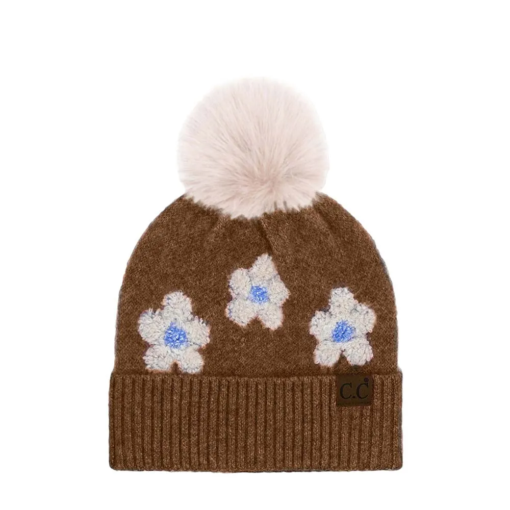 C.C Daisy Pattern Beanie with Pom