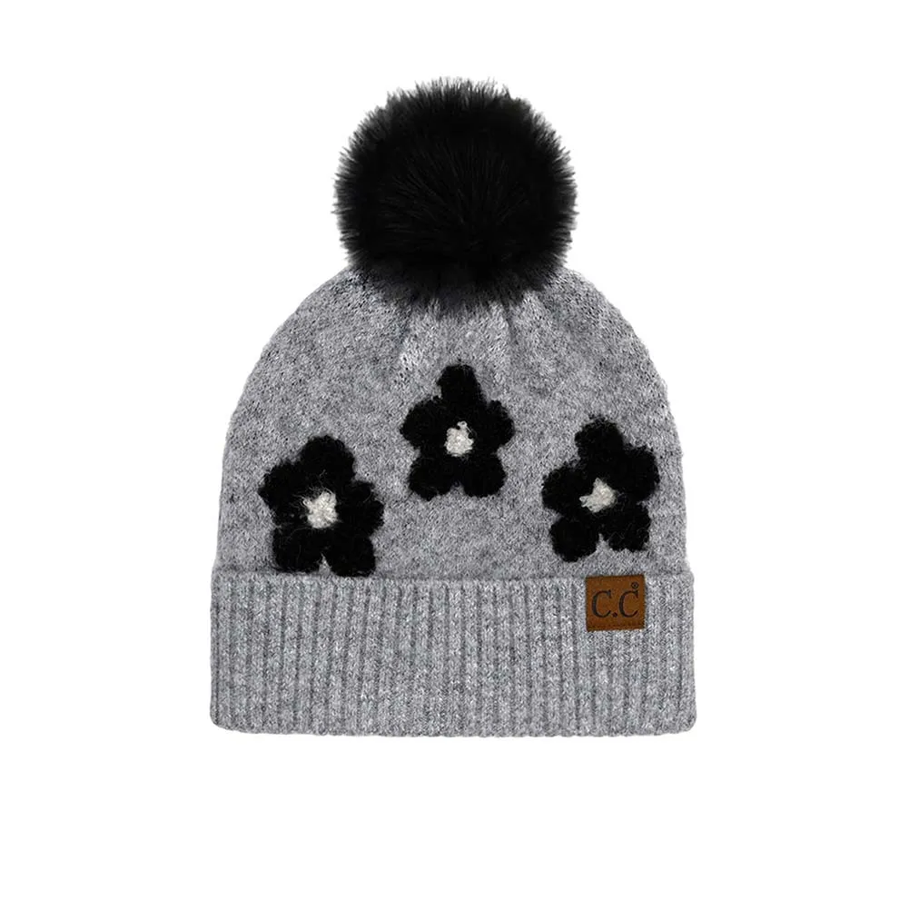 C.C Daisy Pattern Beanie with Pom