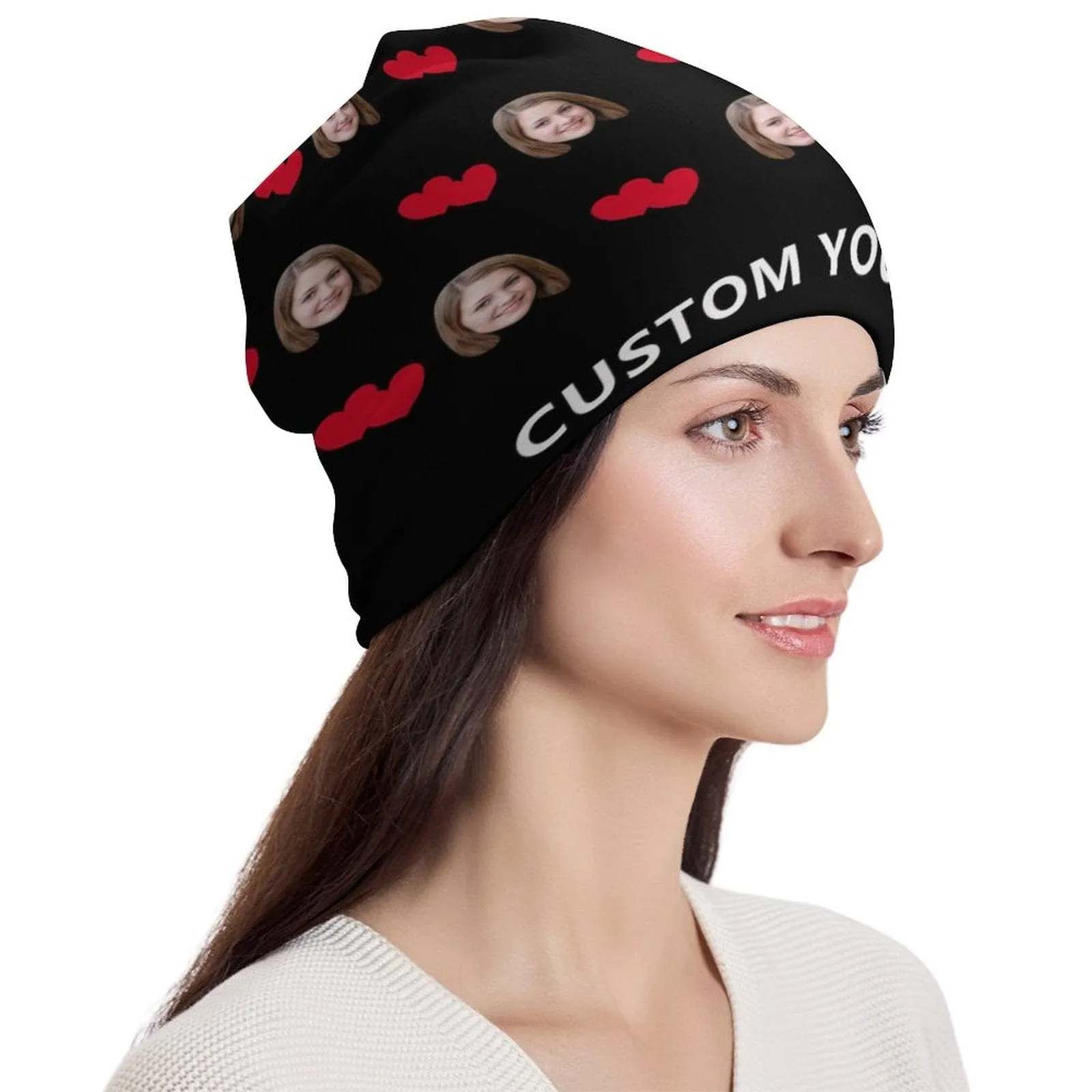 Custom Face&Text Red Heart Full Print Pullover Cap Beanie Hat Unisex