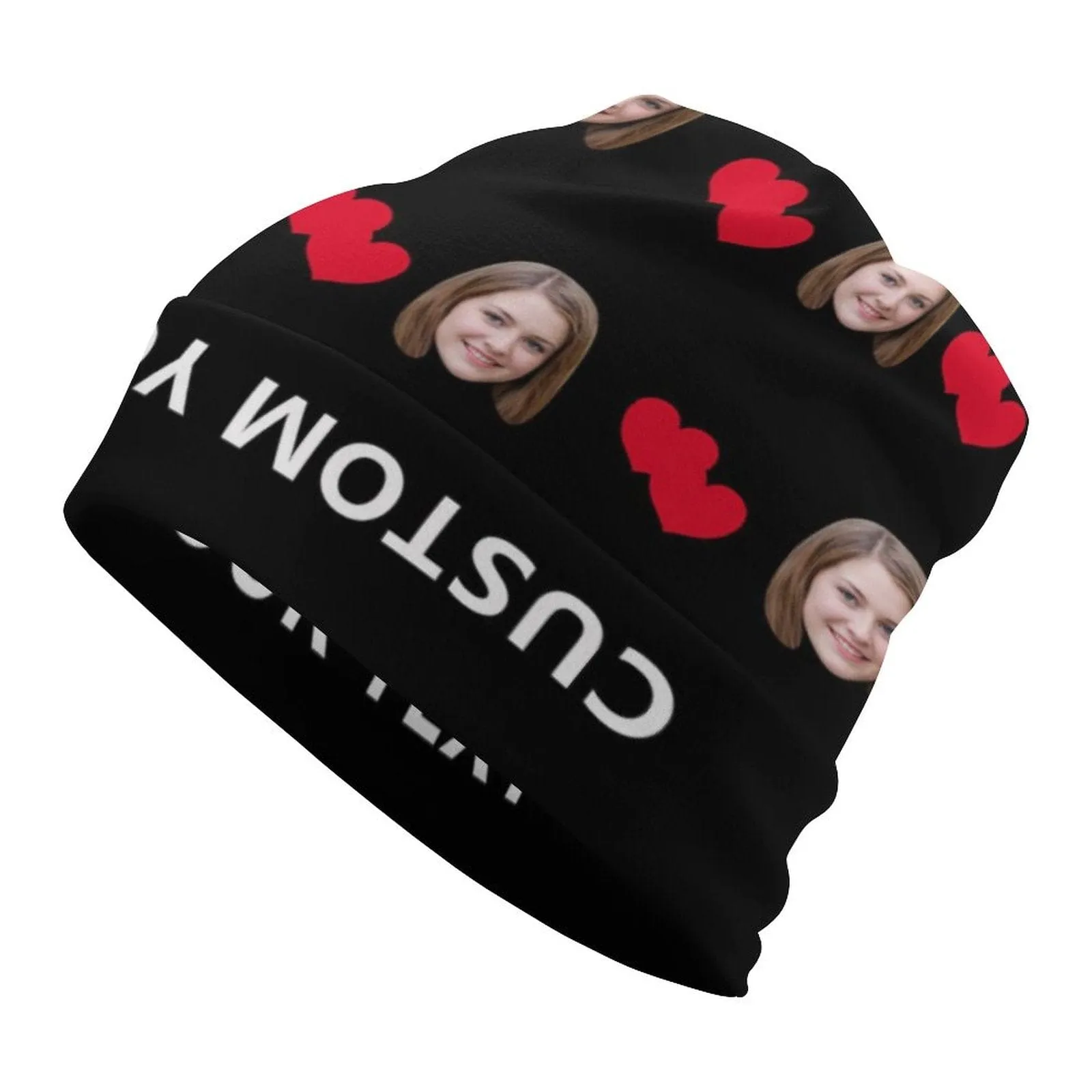 Custom Face&Text Red Heart Full Print Pullover Cap Beanie Hat Unisex