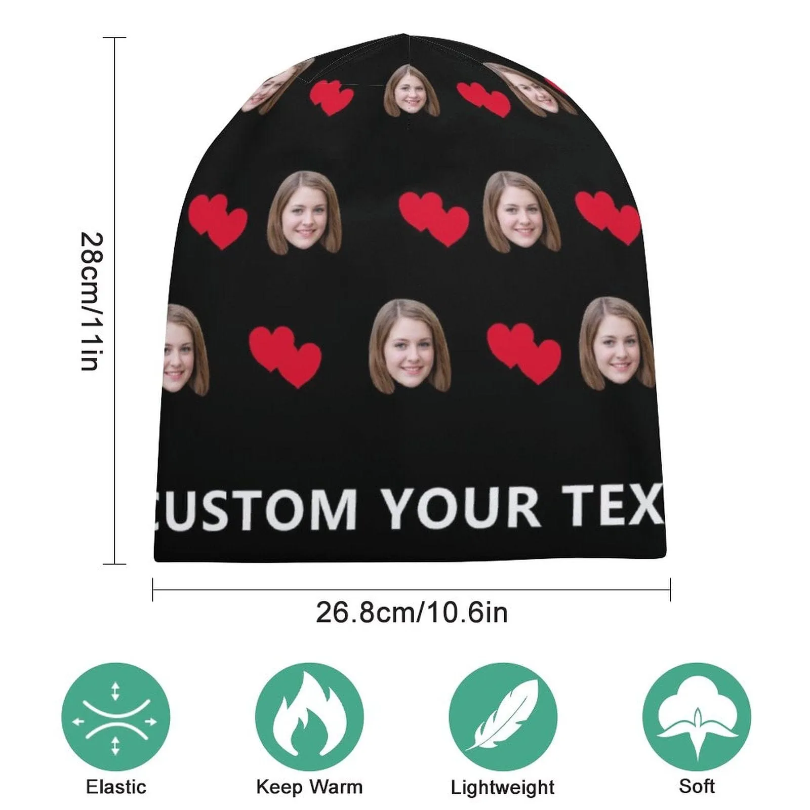 Custom Face&Text Red Heart Full Print Pullover Cap Beanie Hat Unisex