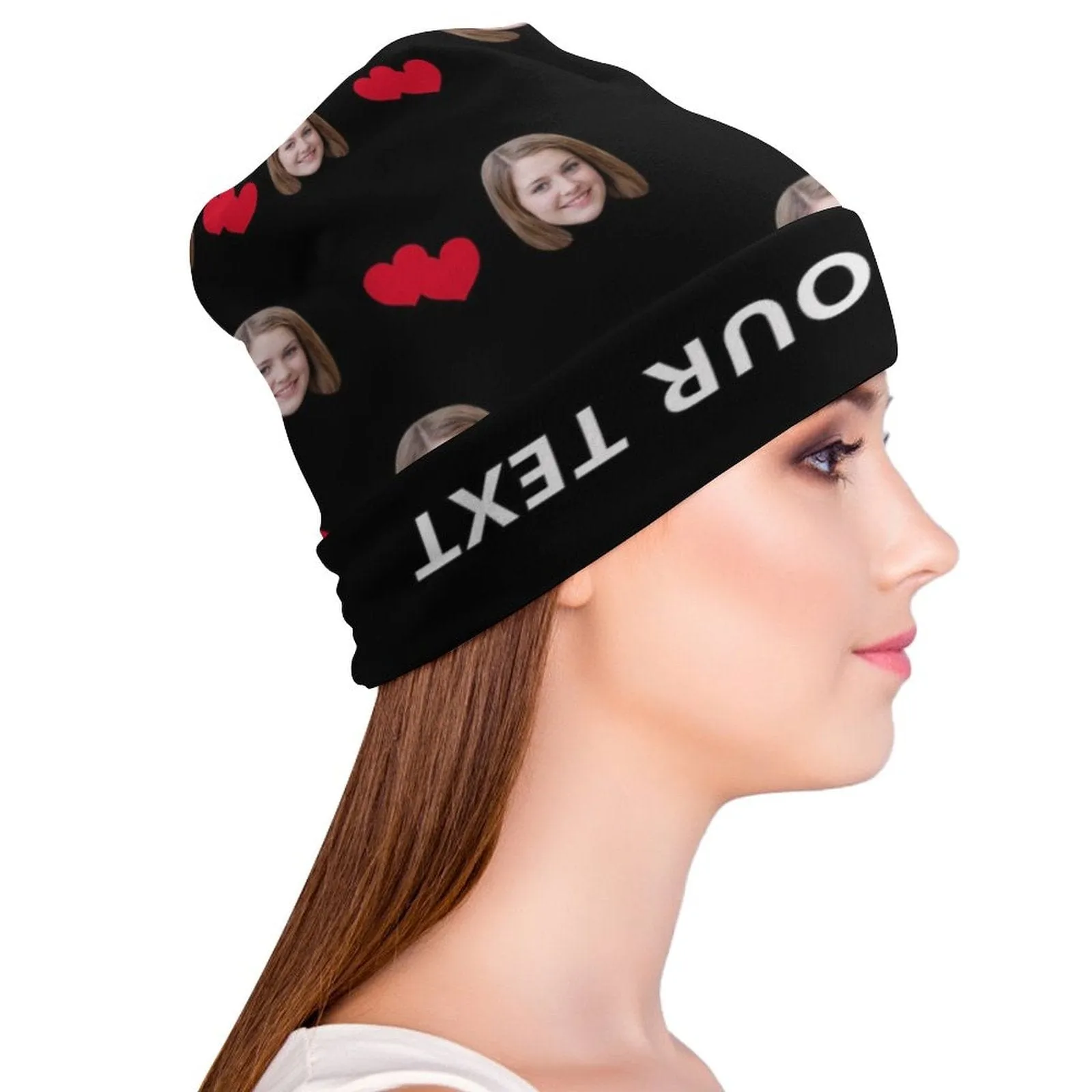 Custom Face&Text Red Heart Full Print Pullover Cap Beanie Hat Unisex