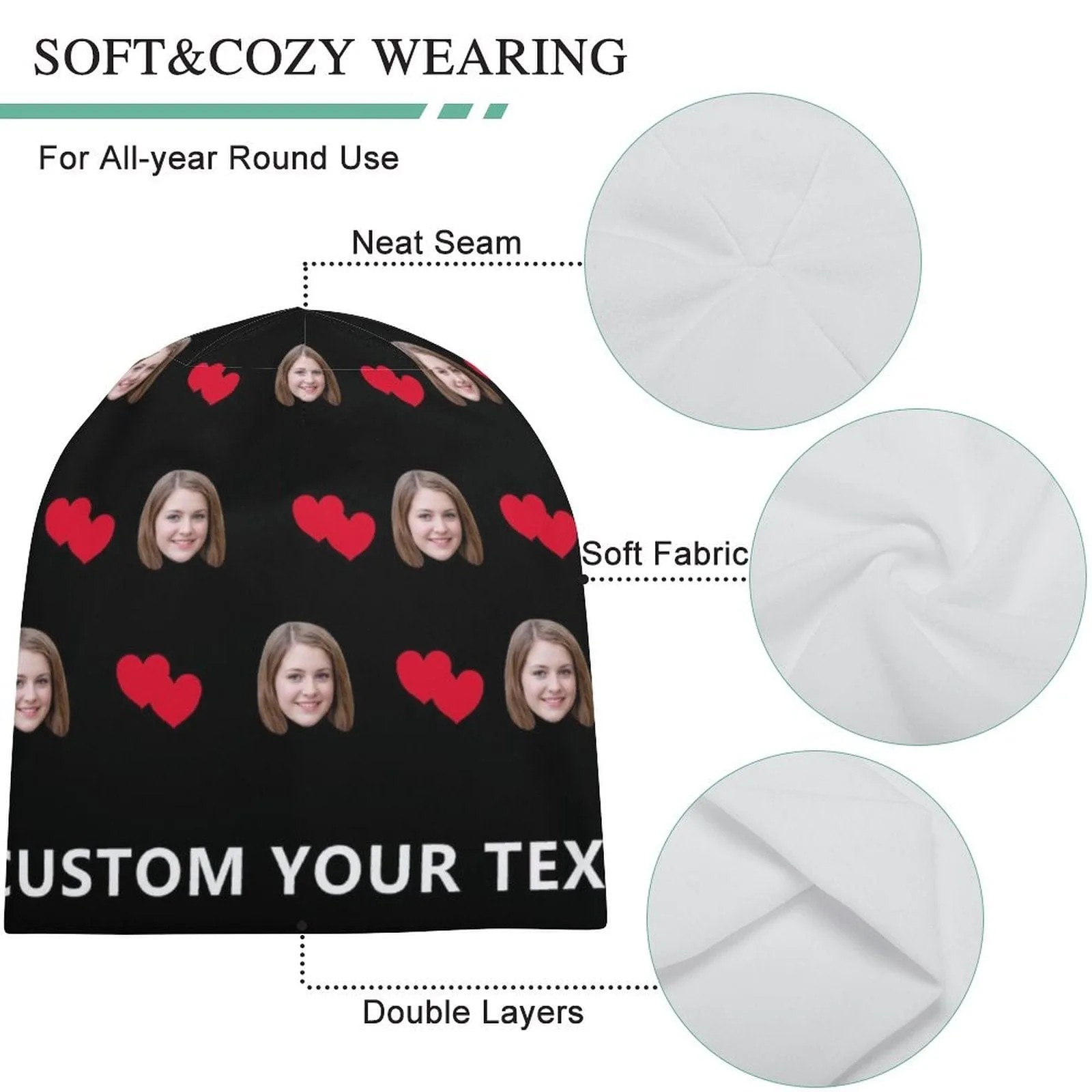 Custom Face&Text Red Heart Full Print Pullover Cap Beanie Hat Unisex