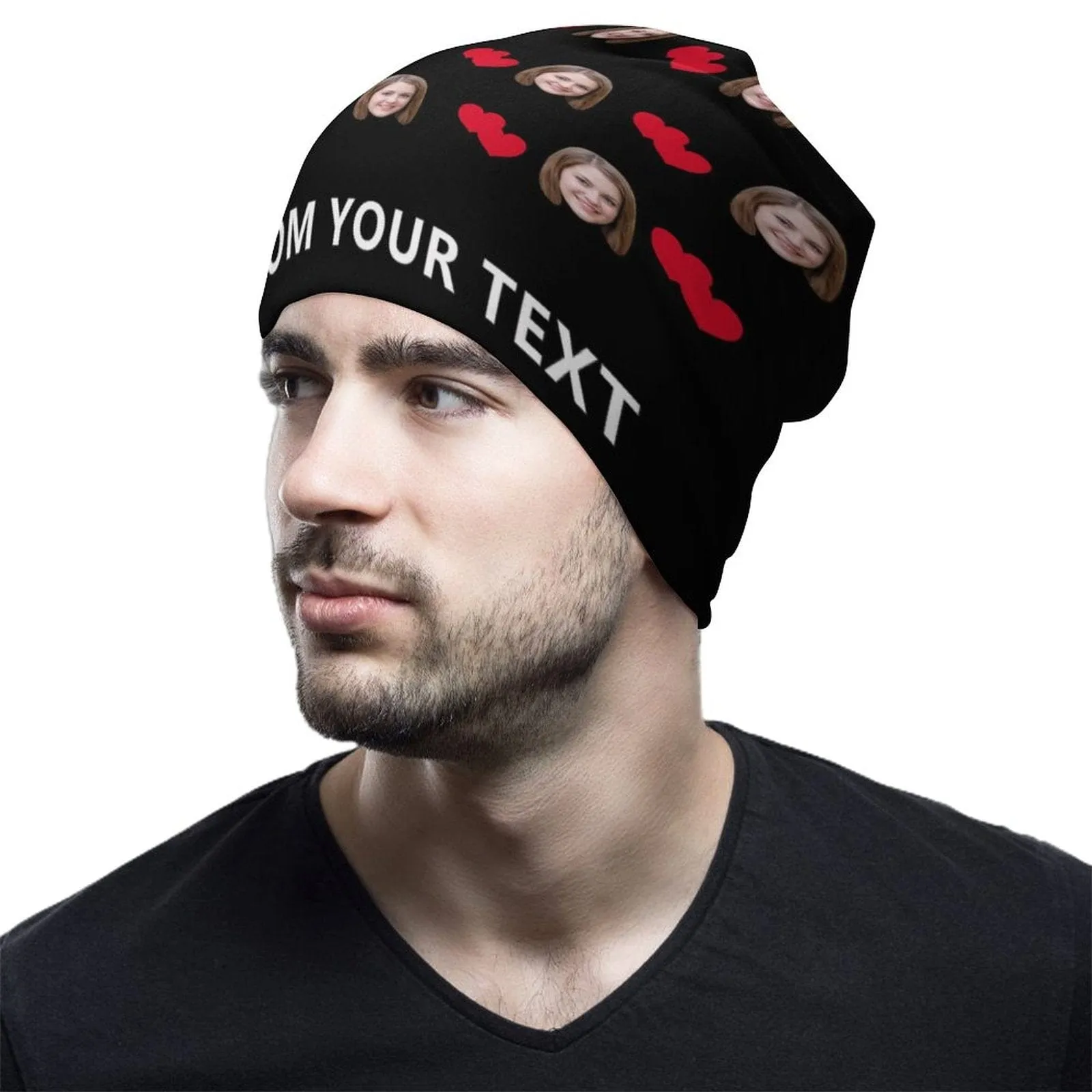 Custom Face&Text Red Heart Full Print Pullover Cap Beanie Hat Unisex