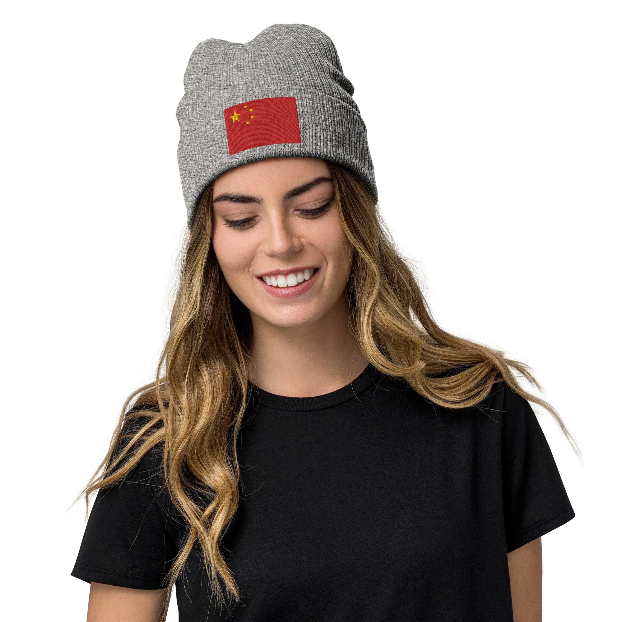 Embroidered Flag Beanie With China Flag / Premium Quality / Recycled Polyester / 8 Colors