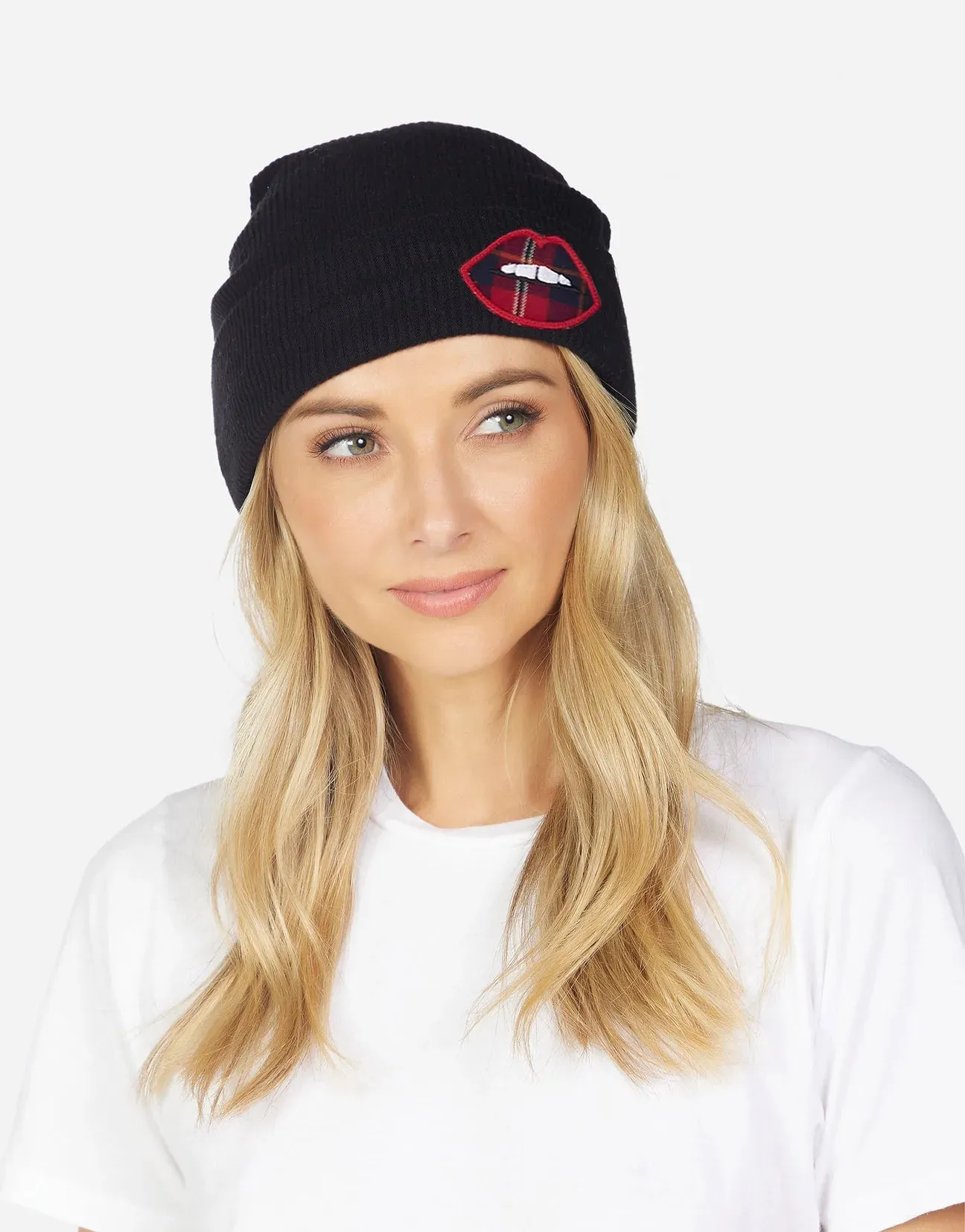 Lauren Moshi Blix Plaid Lip Beanie Hat