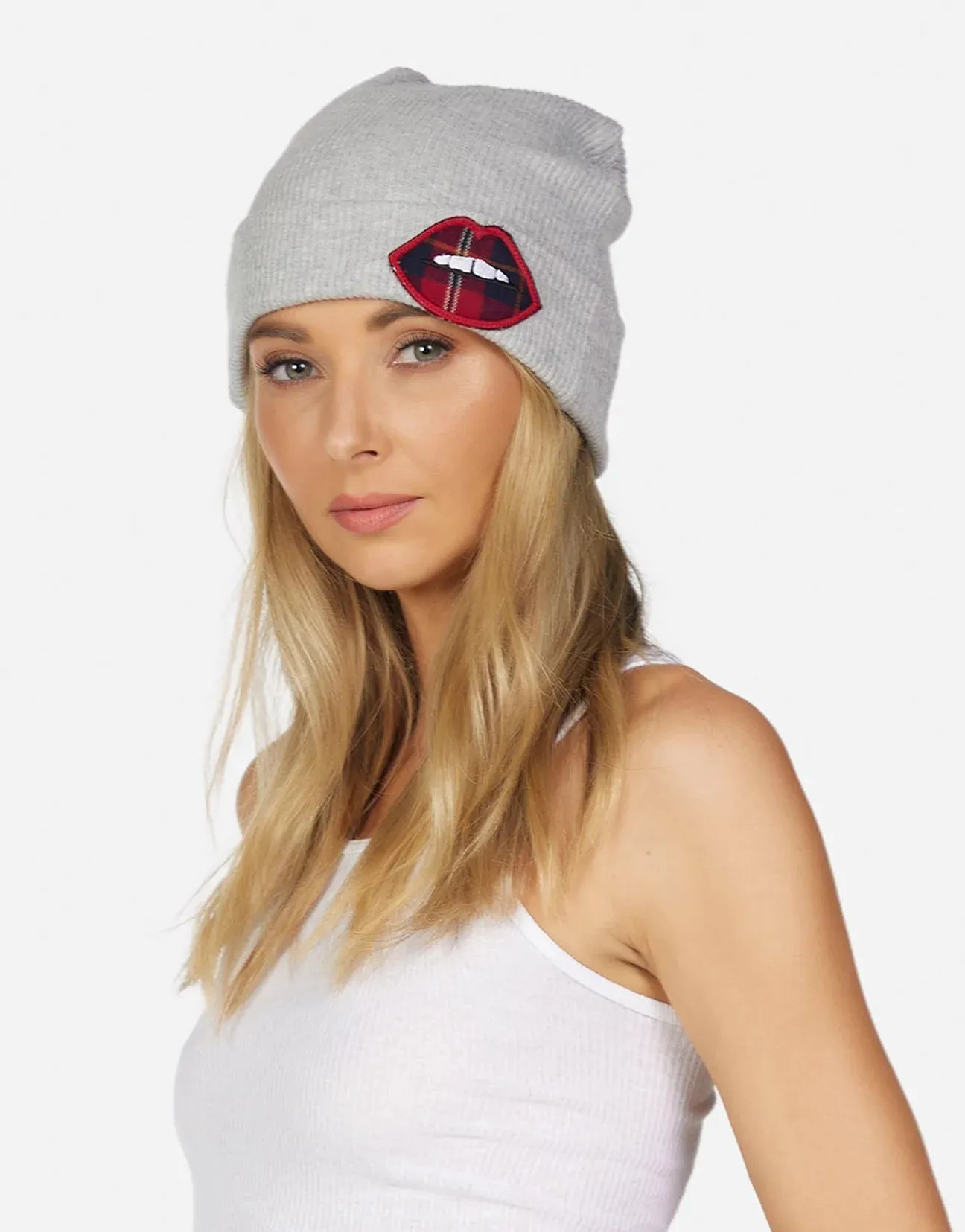 Lauren Moshi Blix Plaid Lip Beanie Hat