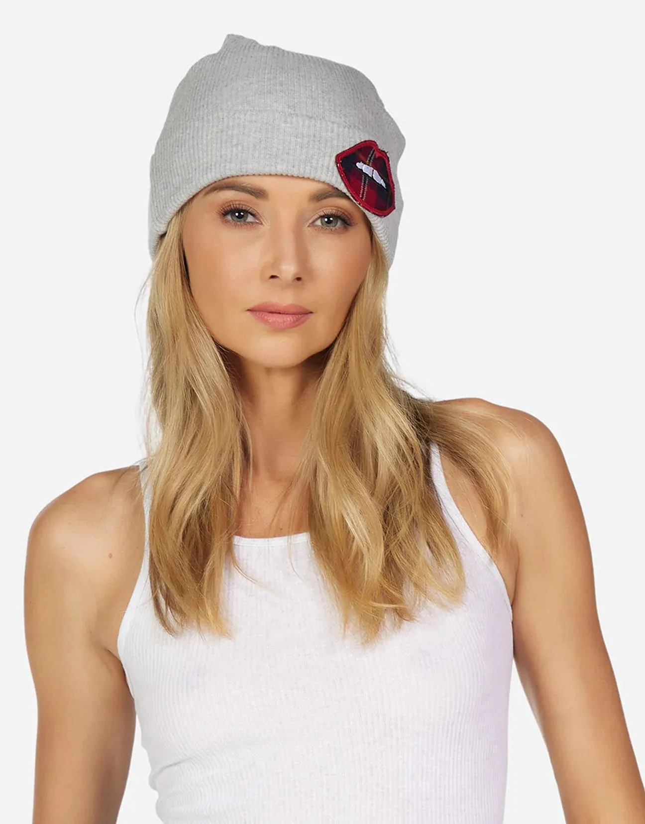 Lauren Moshi Blix Plaid Lip Beanie Hat