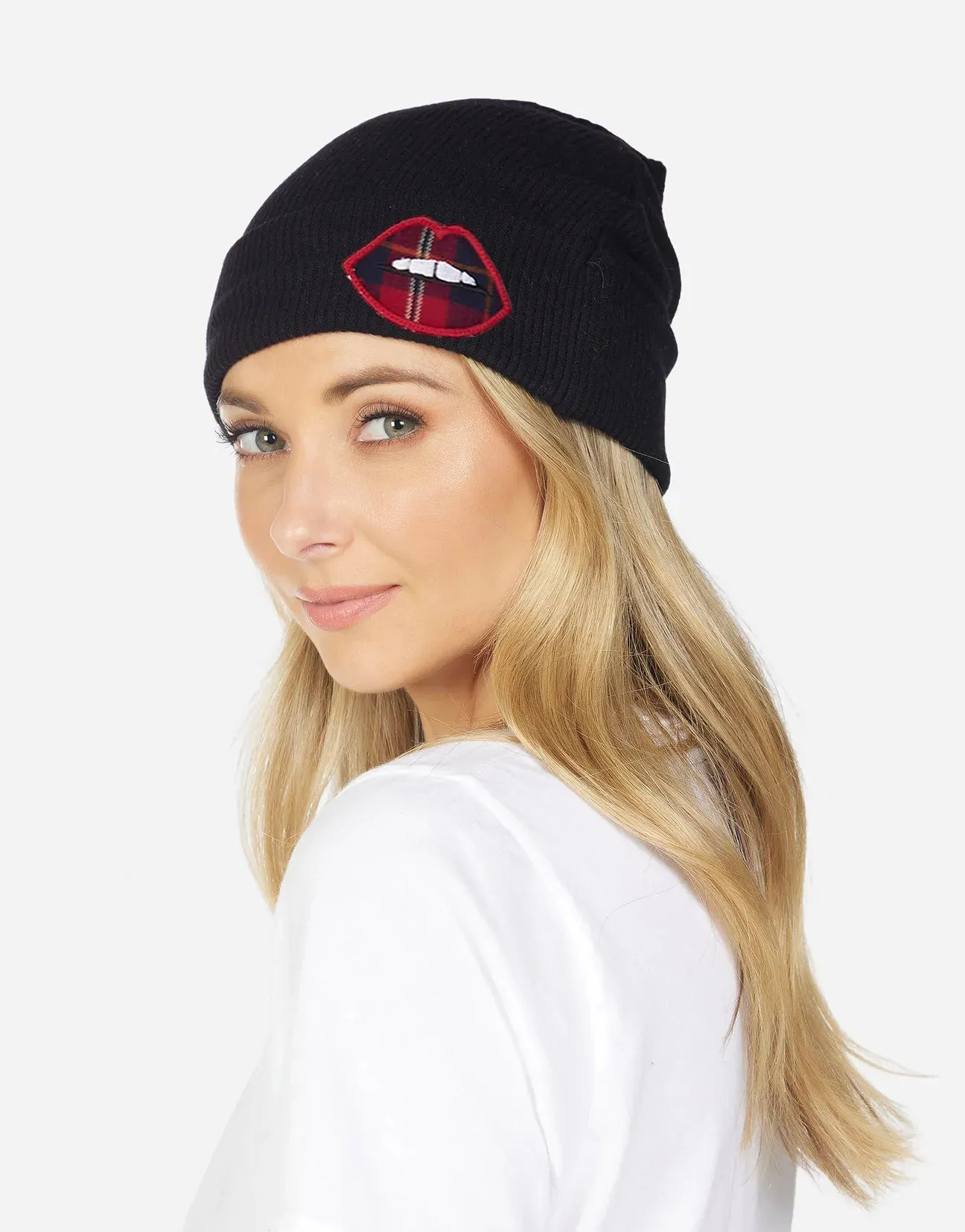 Lauren Moshi Blix Plaid Lip Beanie Hat