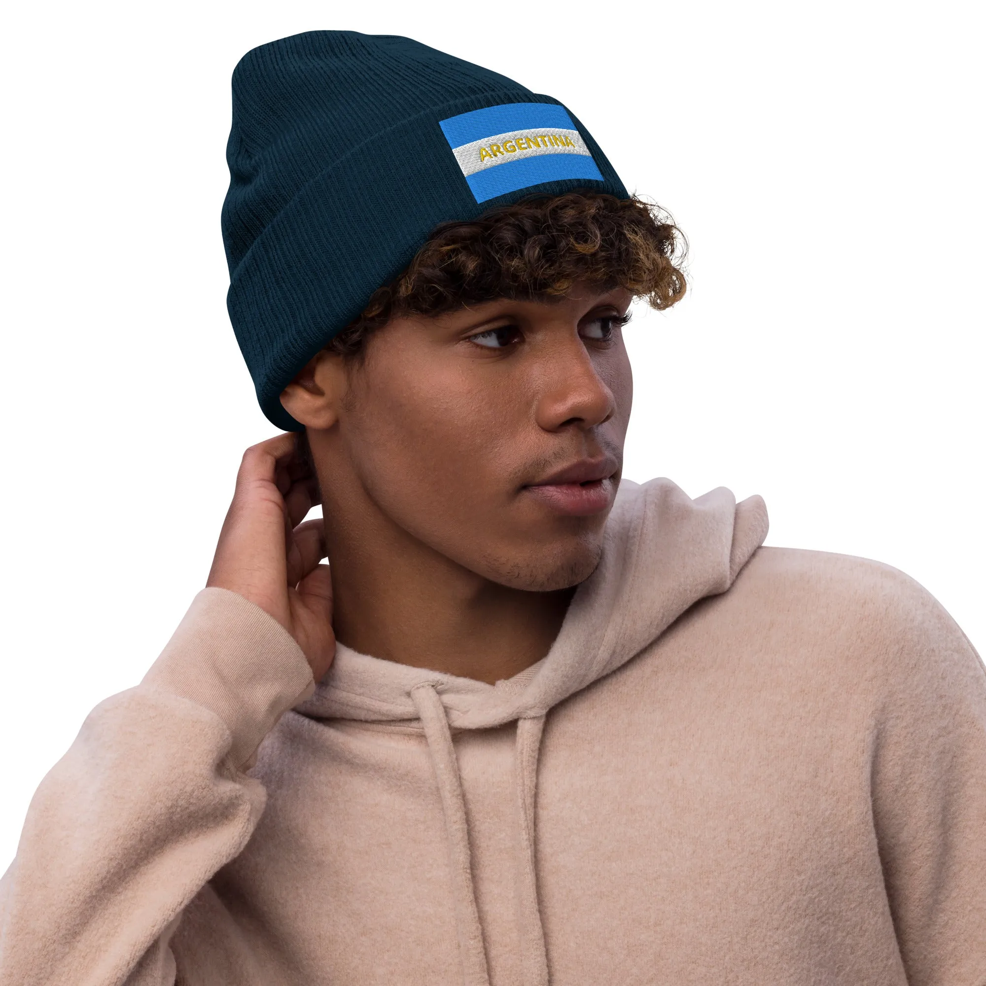 Ribbed Knit Embroidered Argentina Beanie / Premium Beanie Available In 8 Colours / Recycled Polyester