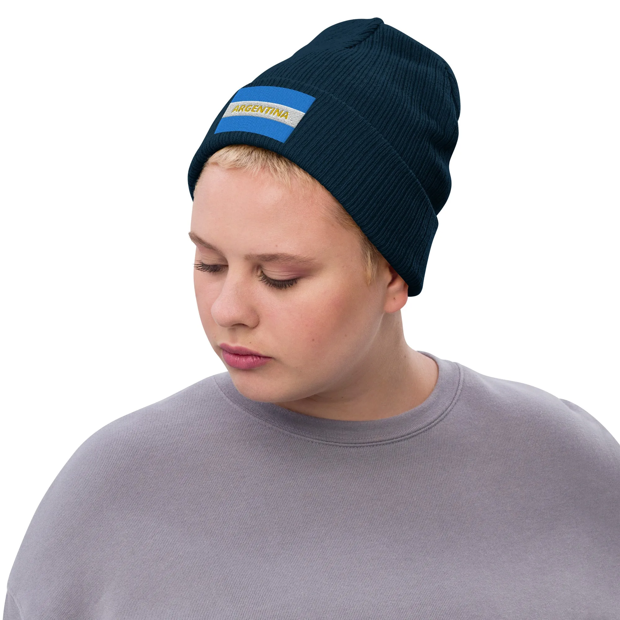 Ribbed Knit Embroidered Argentina Beanie / Premium Beanie Available In 8 Colours / Recycled Polyester