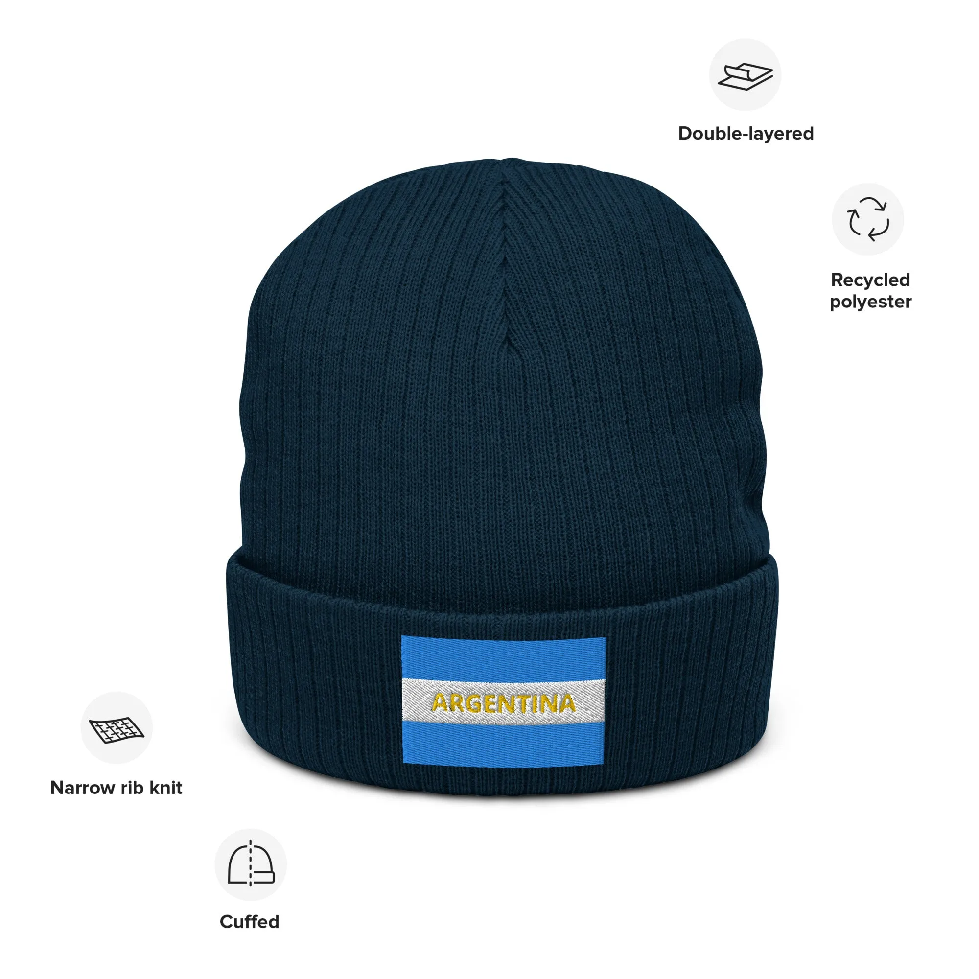 Ribbed Knit Embroidered Argentina Beanie / Premium Beanie Available In 8 Colours / Recycled Polyester