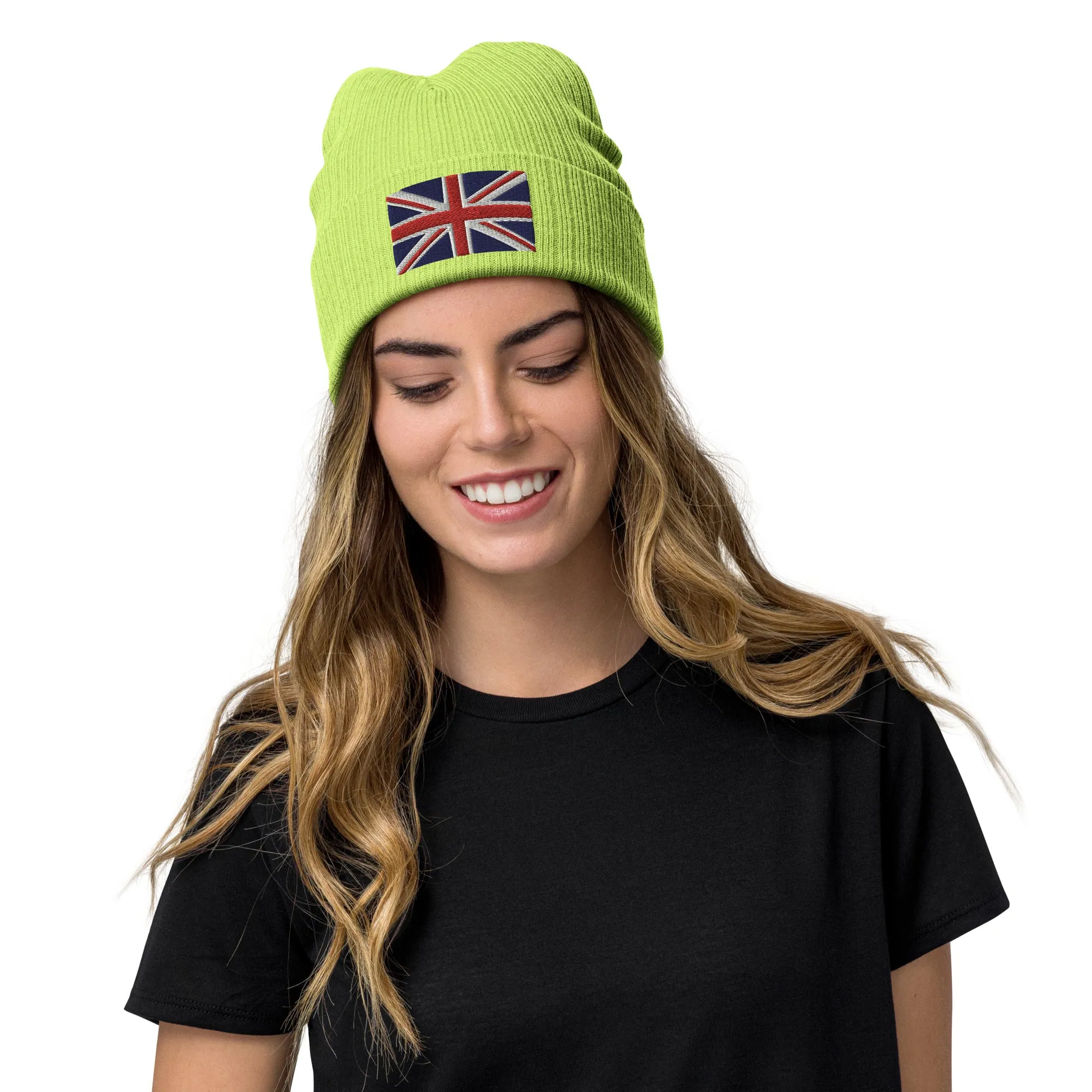 Ribbed Knit Embroidered UK Flag Beanie / Premium Beanie Available In 8 Colours / Recycled Polyester