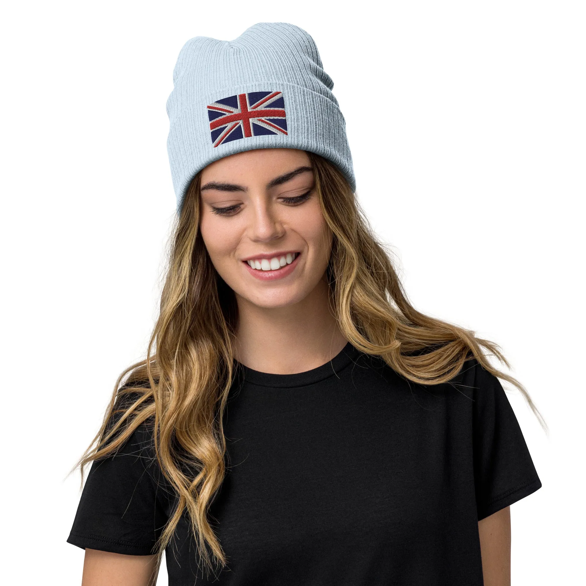 Ribbed Knit Embroidered UK Flag Beanie / Premium Beanie Available In 8 Colours / Recycled Polyester