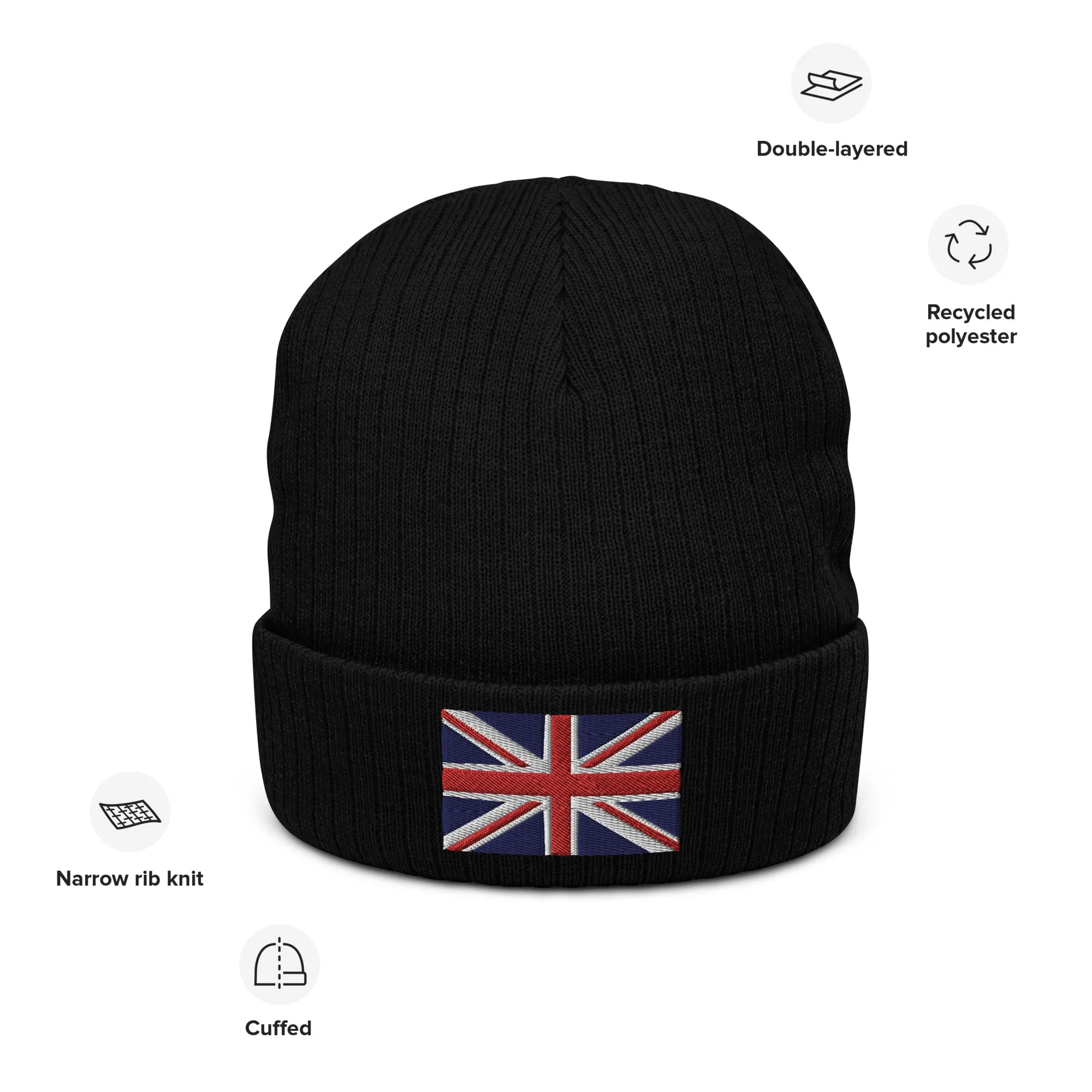 Ribbed Knit Embroidered UK Flag Beanie / Premium Beanie Available In 8 Colours / Recycled Polyester