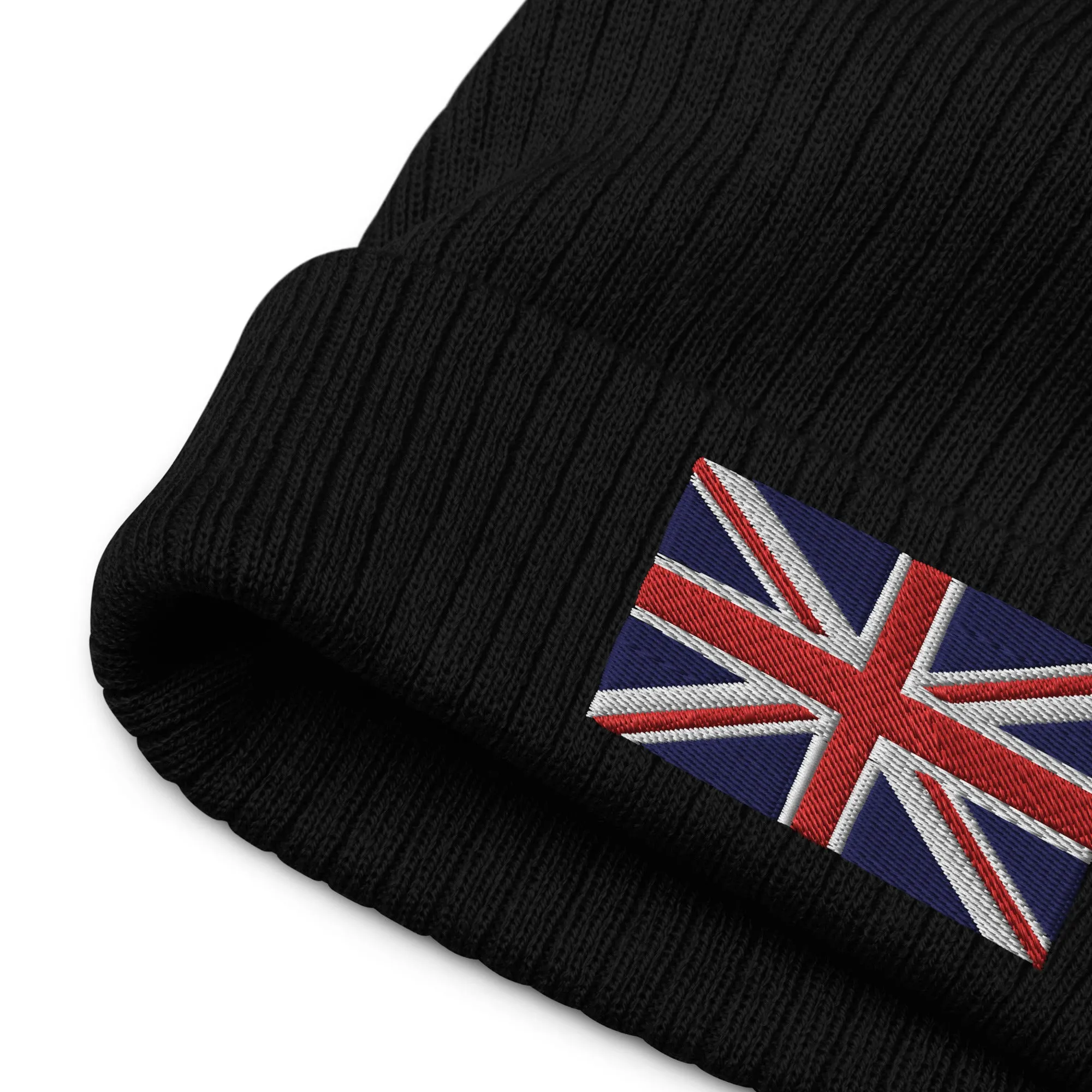 Ribbed Knit Embroidered UK Flag Beanie / Premium Beanie Available In 8 Colours / Recycled Polyester