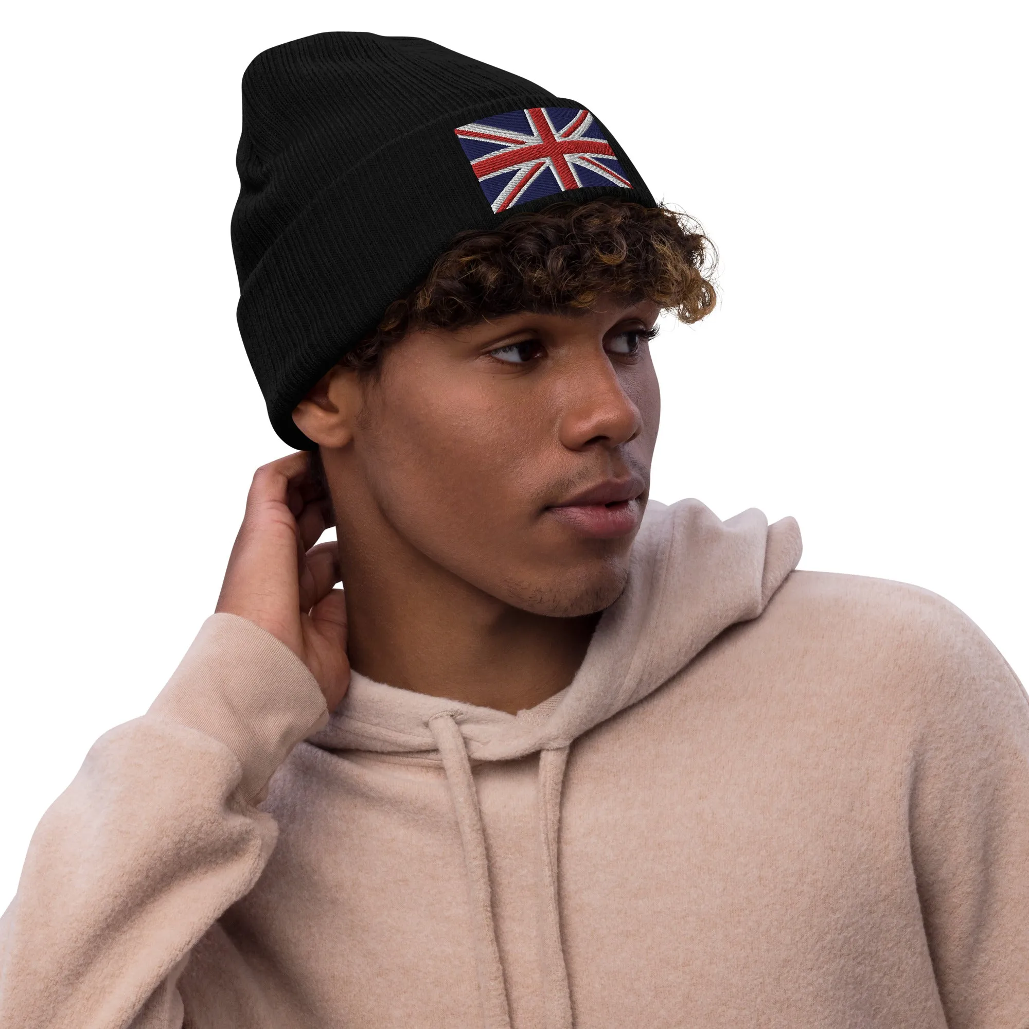 Ribbed Knit Embroidered UK Flag Beanie / Premium Beanie Available In 8 Colours / Recycled Polyester