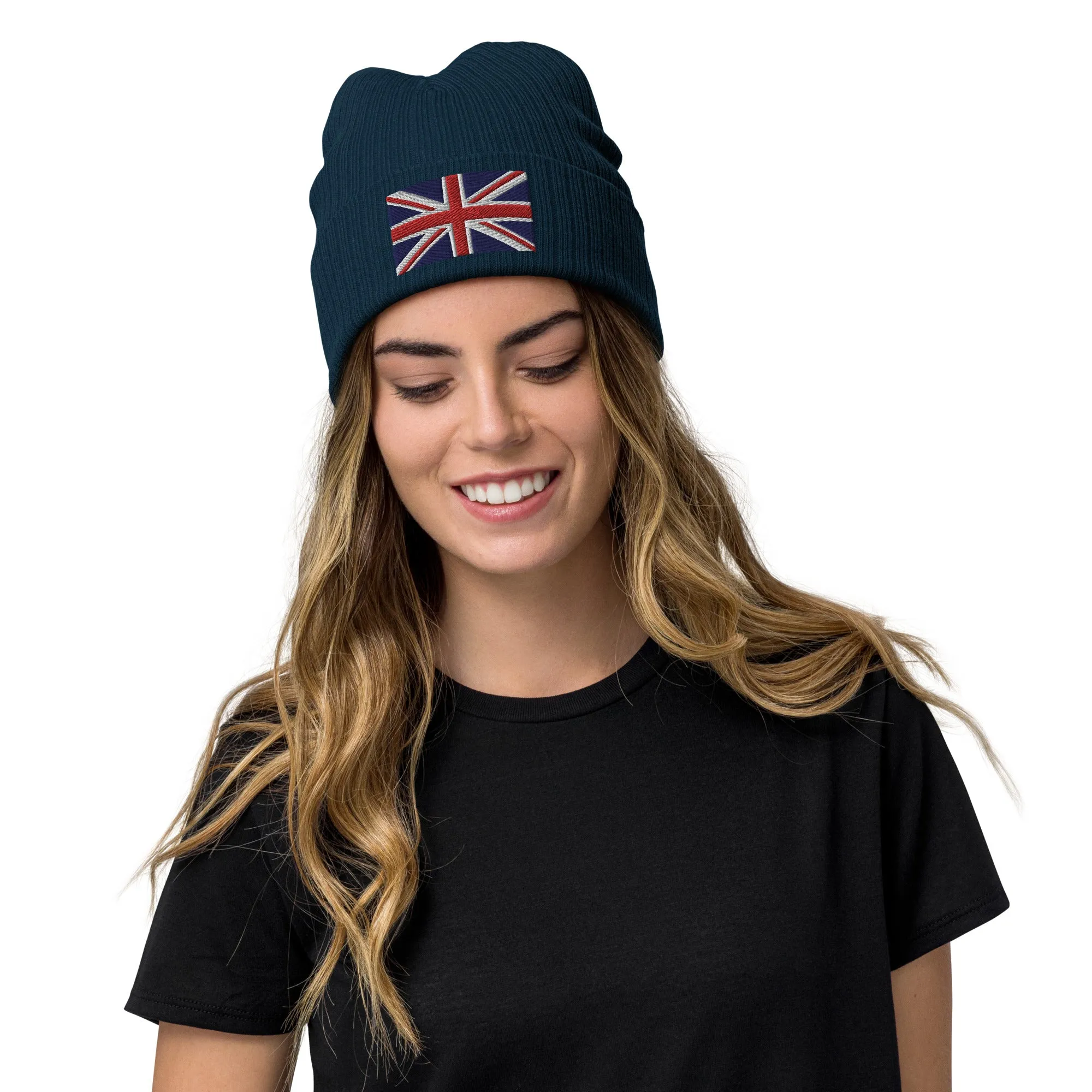 Ribbed Knit Embroidered UK Flag Beanie / Premium Beanie Available In 8 Colours / Recycled Polyester