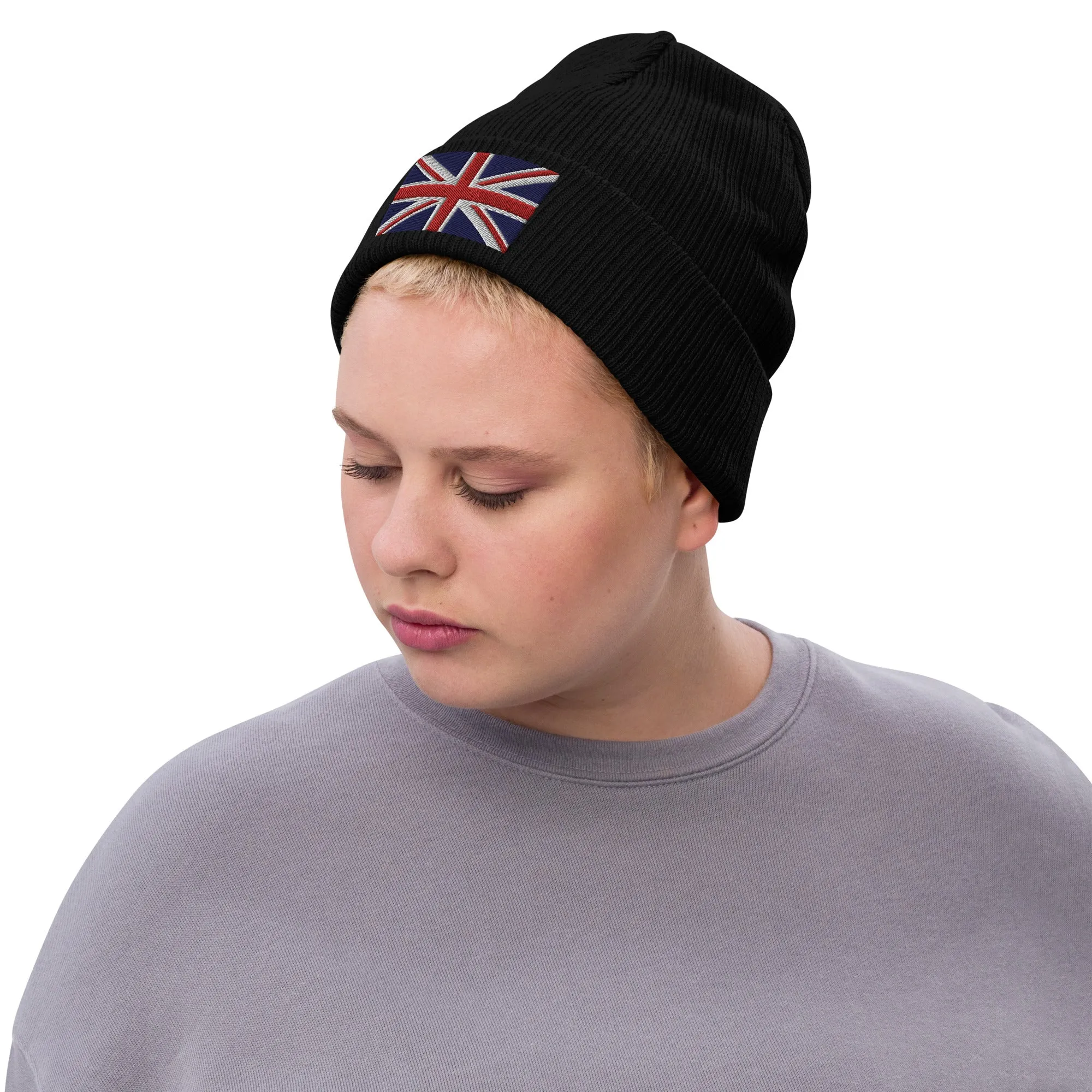 Ribbed Knit Embroidered UK Flag Beanie / Premium Beanie Available In 8 Colours / Recycled Polyester