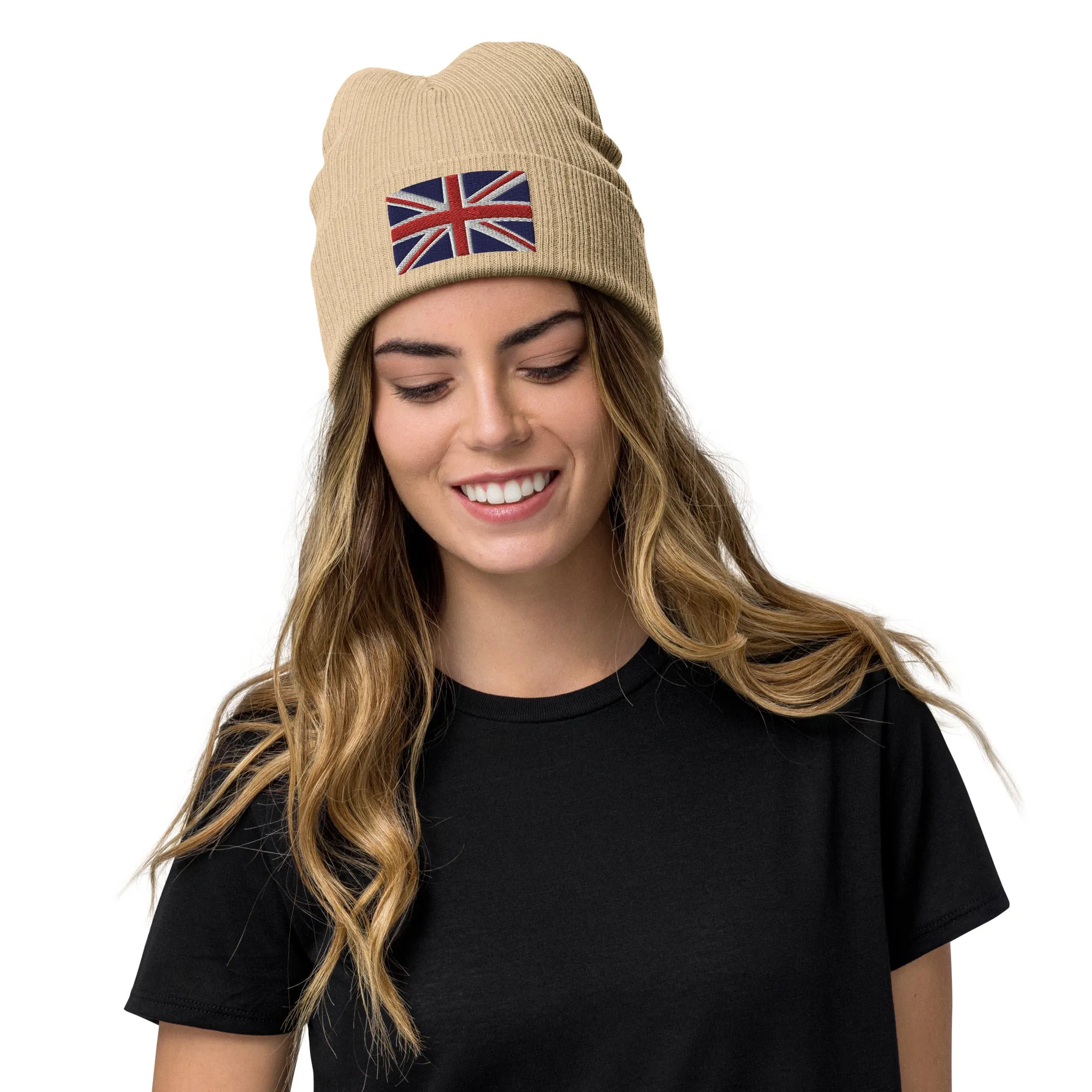 Ribbed Knit Embroidered UK Flag Beanie / Premium Beanie Available In 8 Colours / Recycled Polyester