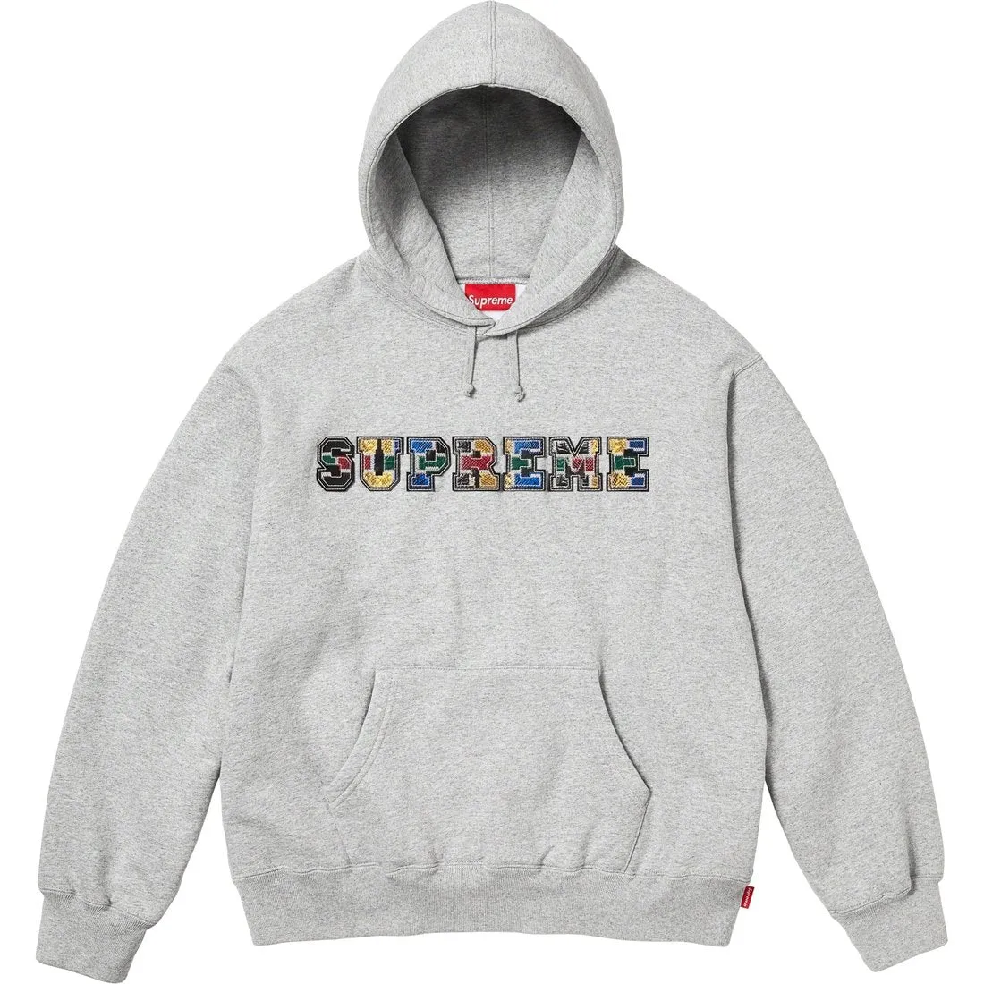 SUPREME COLLEGIATE PATCHWORK LEATHER HOODED SWEATSHIRT-GREY