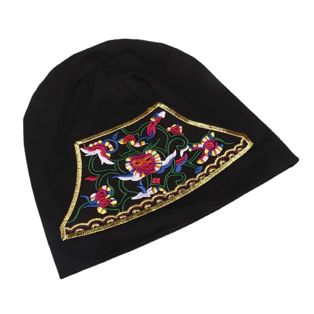 Women Cotton Floral Ethnic Embroidery Beanie Hat Elastic Breathable Turban Cap